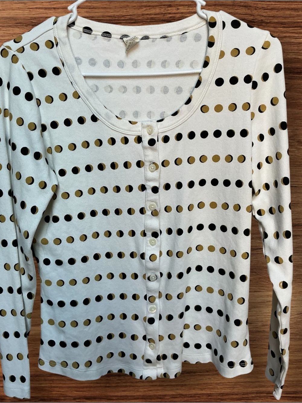 Kate Quinn White Long-Sleeve Top with Gold Polka Dots